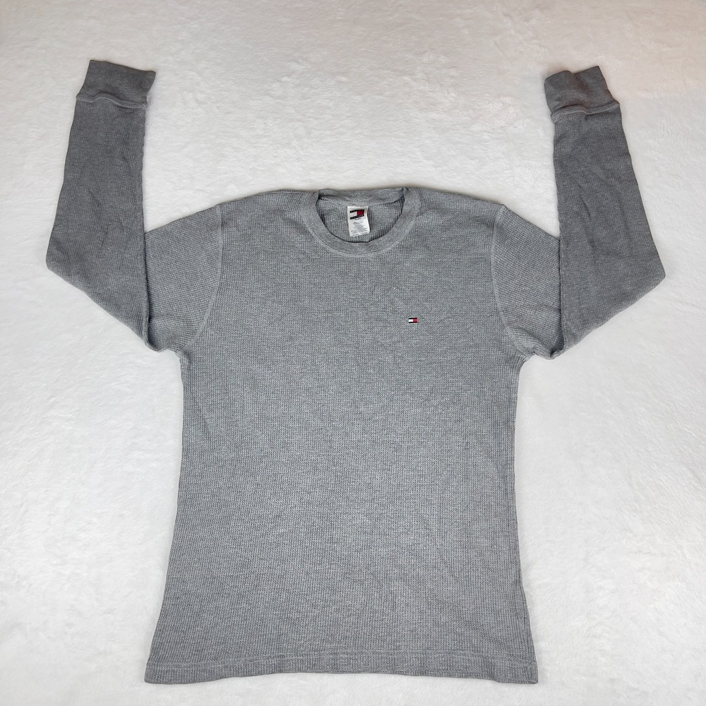 Tommy Hilfiger Shirt Mens XL Gray Waffle-Knit Long Sleeve Stretch Slim Crew Neck